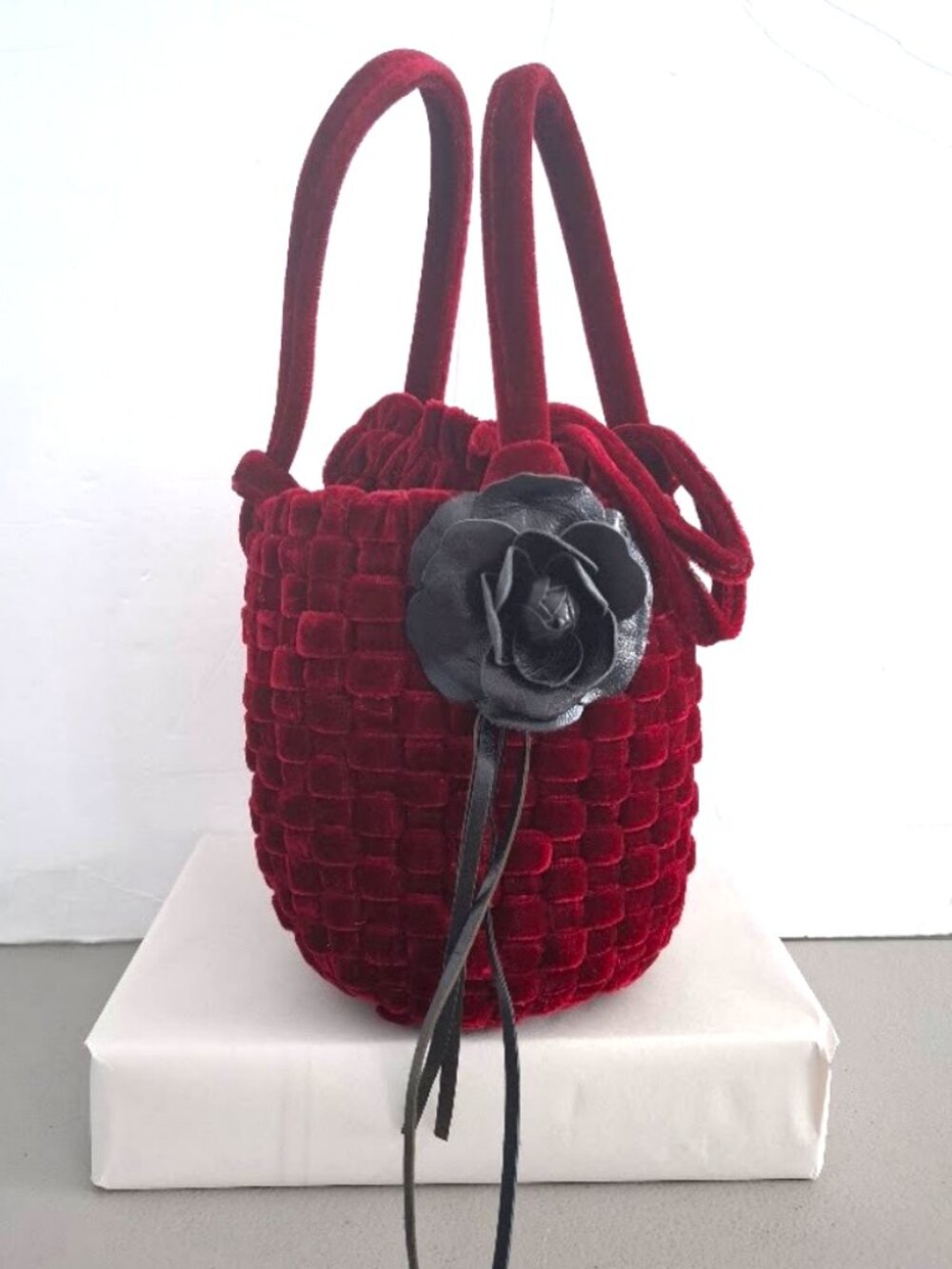 KONTESSA Dark Red Velvet Bucket Bag Black Leather Rose Drawstring Romantic Goth